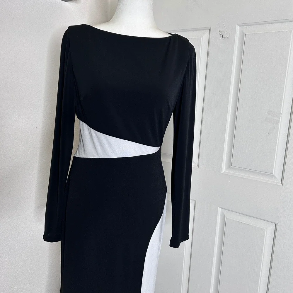 $398 NWT Janique Kourosh Gown Women 8 Black White Colorblock Formal Dress K6426